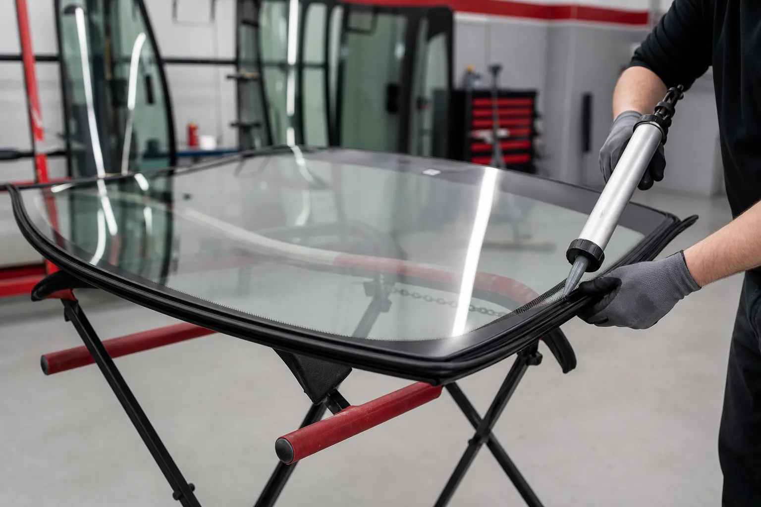 Windschutzscheibe wird in der Autoglas-Werkstatt vorbereitet
